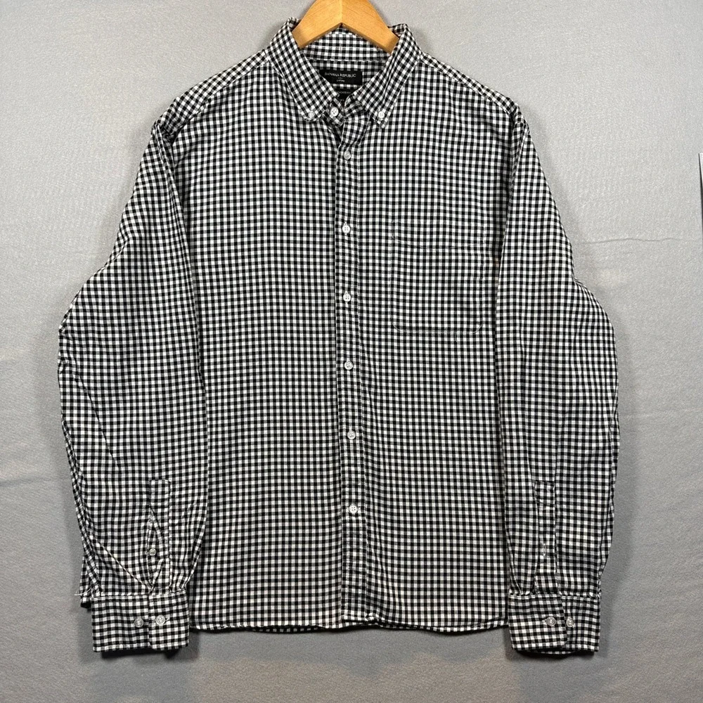 Mens XXL Banana Republic Oxford Untucked Fit Shirt Black White Gingham Check